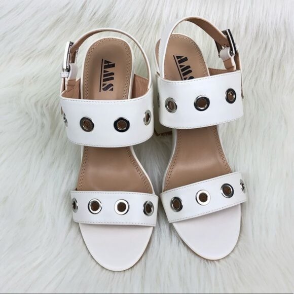 Women's AMS Sarah Silver Grommet Eyelets Slingback Block Heel Sandals White - Picture 5 of 10